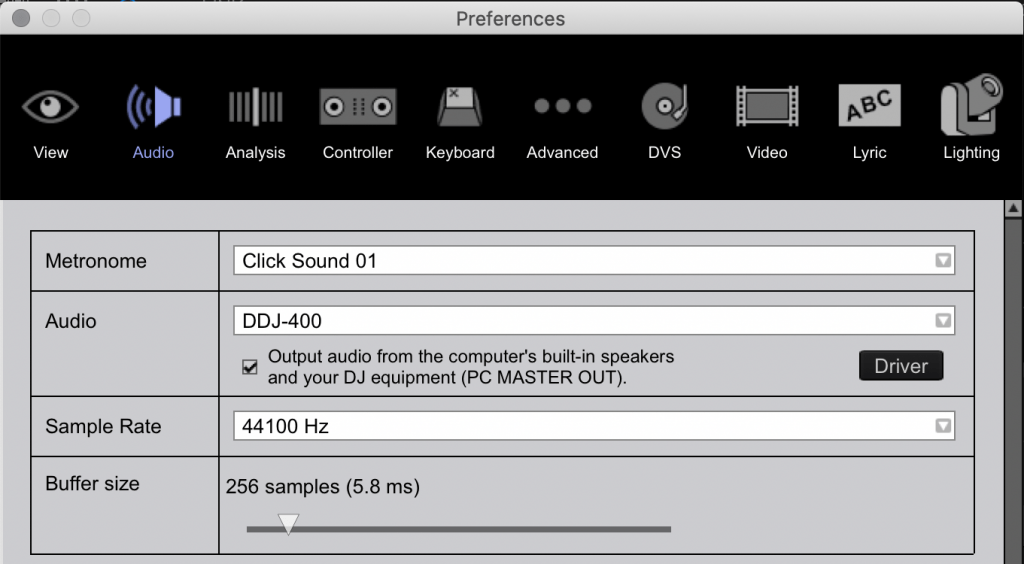a screenshot from Rekordbox 6 showing the spilt audio output function under the Audio tab of the Preferences dialog