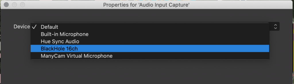 a screenshot of the Audio Input Capture Properties dialog in OBS